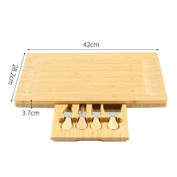 Bamboo cheese board with built-in drawer for cheese knives. Perfect for serving cheese and crackers.