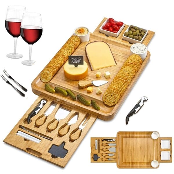 Bamboo cheese board with slide-out drawer for cheese knives, perfect for serving cheese, crackers, and appetizers. Includes compartments for olives and other snacks.