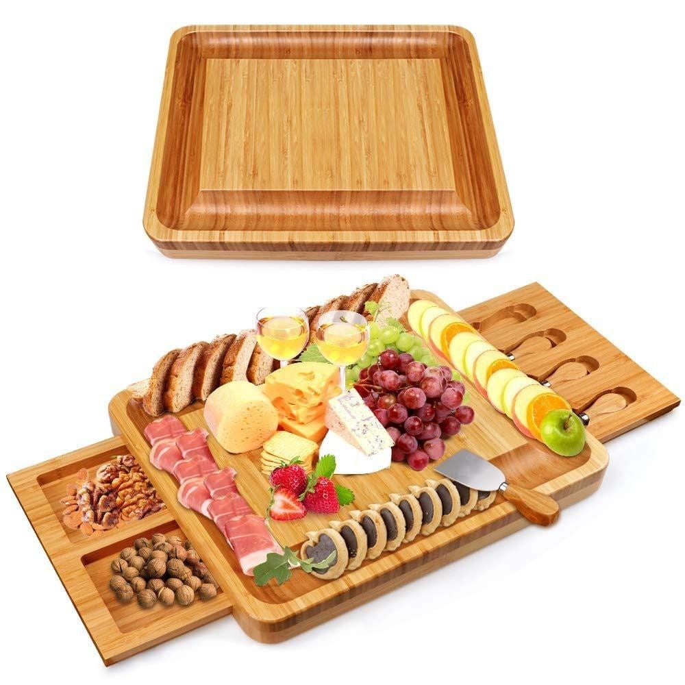 Bamboo cheese board with sliding drawers, perfect for serving cheese, crackers, fruit & meats. Includes built-in cheese knives.