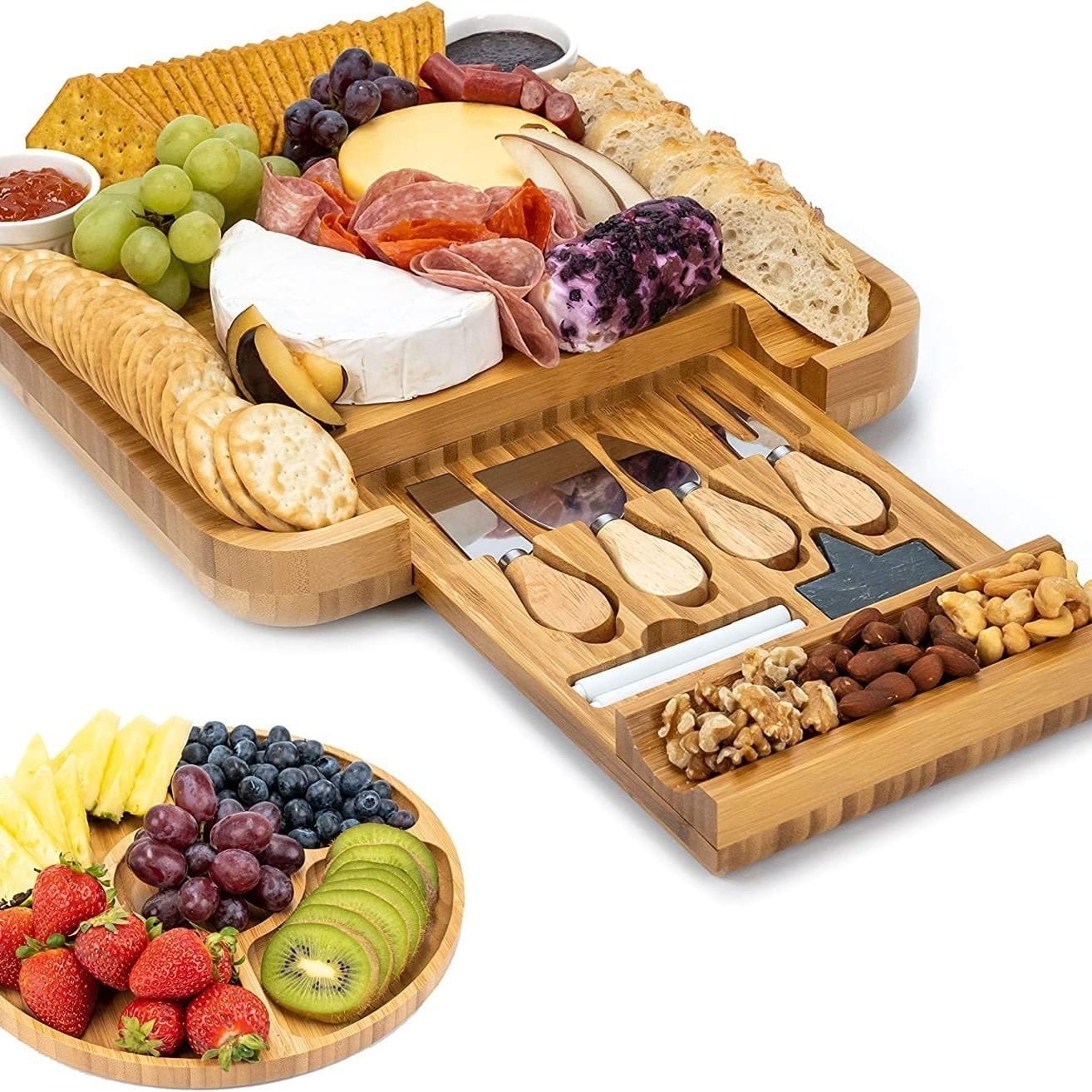 Bamboo cheese board with built-in drawer for cheese knives & serving utensils. Perfect for charcuterie, appetizers, and entertaining.