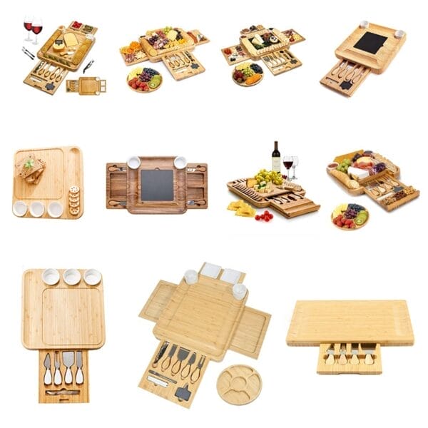 Bamboo Cheese & Charcuterie Boards: Set of versatile wooden serving trays with pull-out knife drawers, perfect for cheese, appetizers & more.