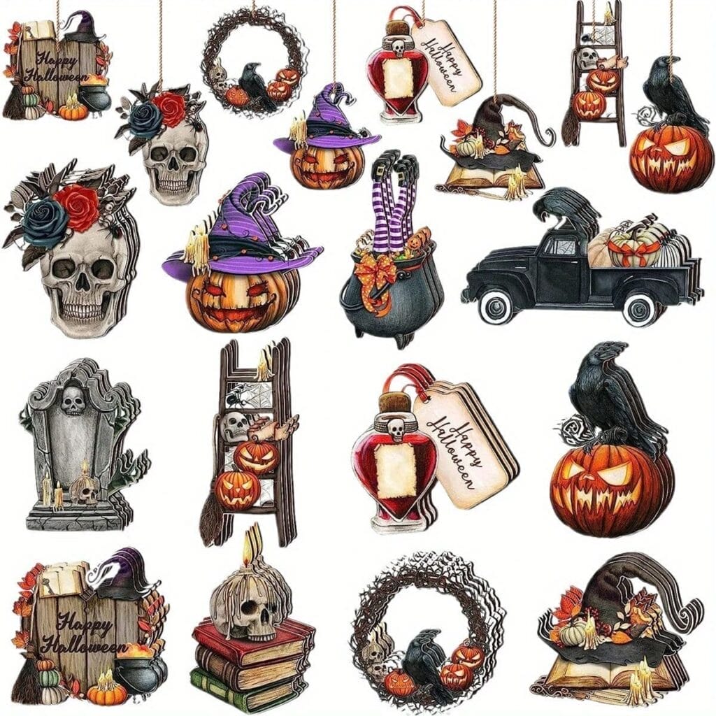 Halloween themed figurine collection with skulls, pumpkins, ravens, and vintage elements for festive decoration