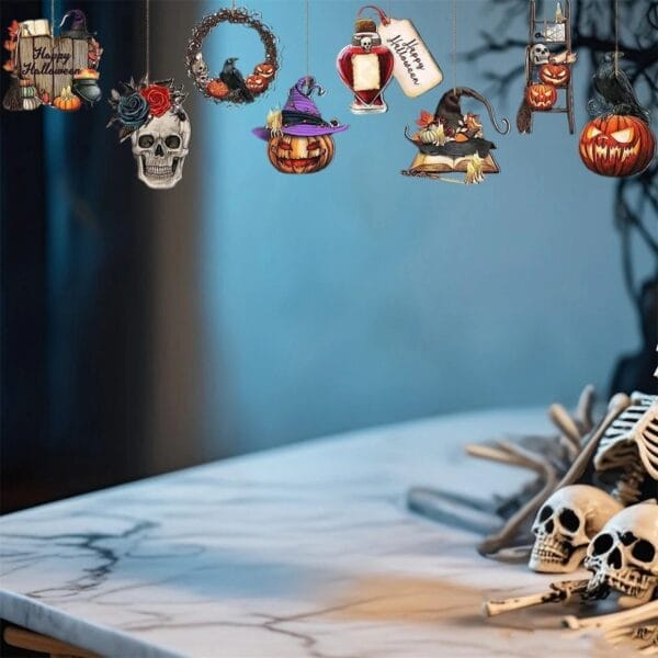 Halloween-themed hanging decorations featuring skulls, pumpkins, and spooky icons for festive home decor