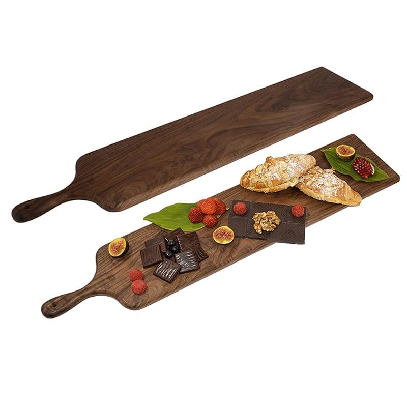 Wholesale Long Walnut Charcuterie Board: Large serving & cutting plank with handle, perfect for cheese, bread, fruit, and sushi.