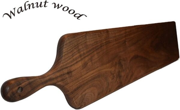 Large Walnut Wood Charcuterie Board: Long, rectangular serving board with a handle, ideal for cheese, bread, and fruit.