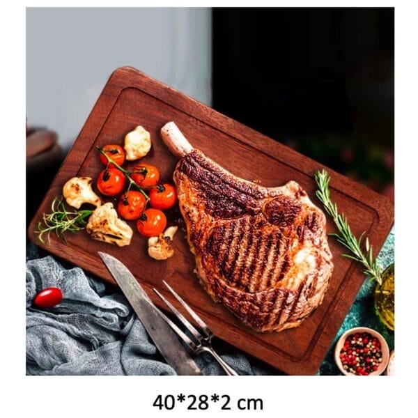 Large 40x28cm wooden serving board, perfect for presenting grilled steak, vegetables, and other culinary creations.