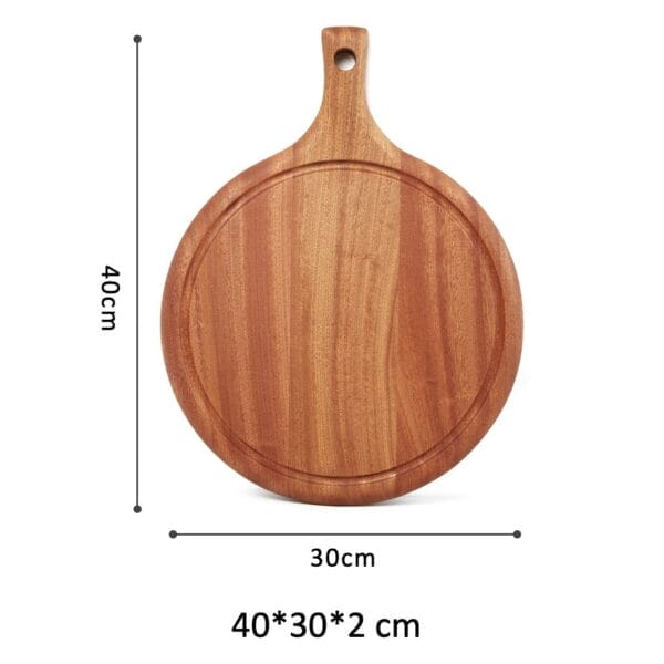 Large round acacia wood pizza cutting board with handle; perfect for serving or cutting pizza