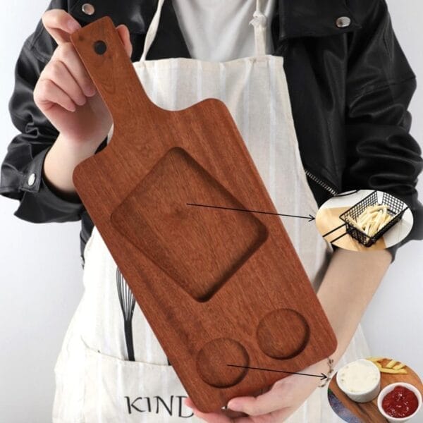 Rustic Wooden Serving Tray: Perfect for appetizers, fries, and sauces. Features a large main section, two side dips, and a convenient handle.
