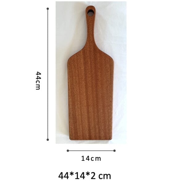 Large acacia wood cutting board, 44x14 cm, perfect for serving or chopping. Features a convenient handle.