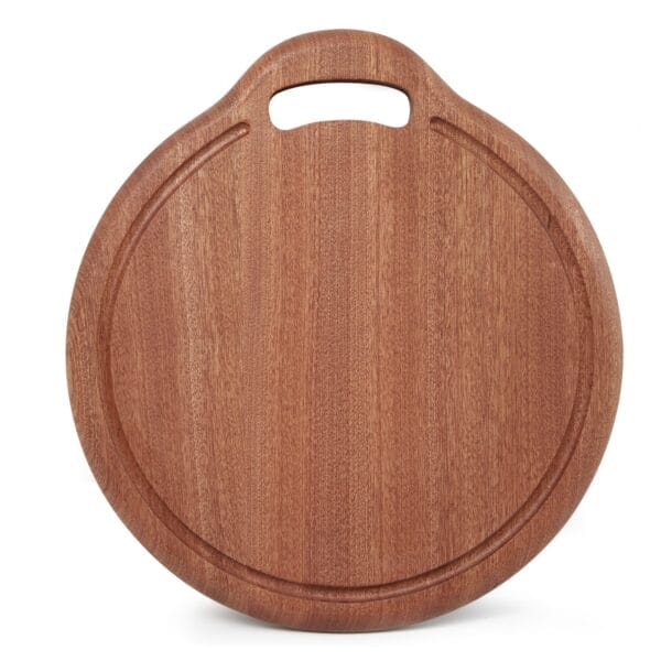 Round wooden cutting board with handle, perfect for chopping vegetables or serving cheese. Great kitchen accessory.