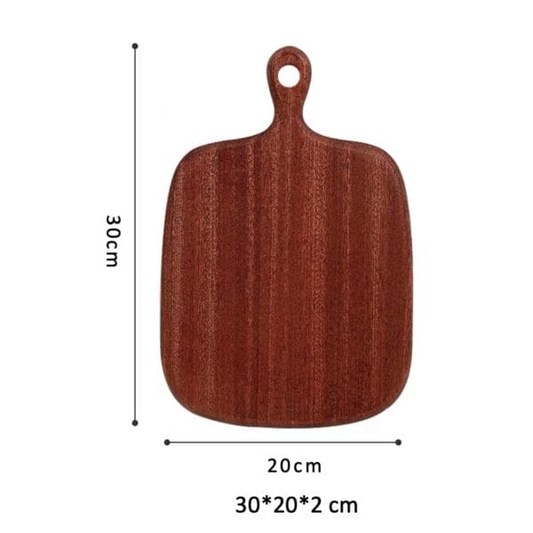 Rectangular wooden cutting board, 30x20x2 cm, dark reddish-brown finish, with a top handle. Perfect for chopping, serving, or kitchen decor.