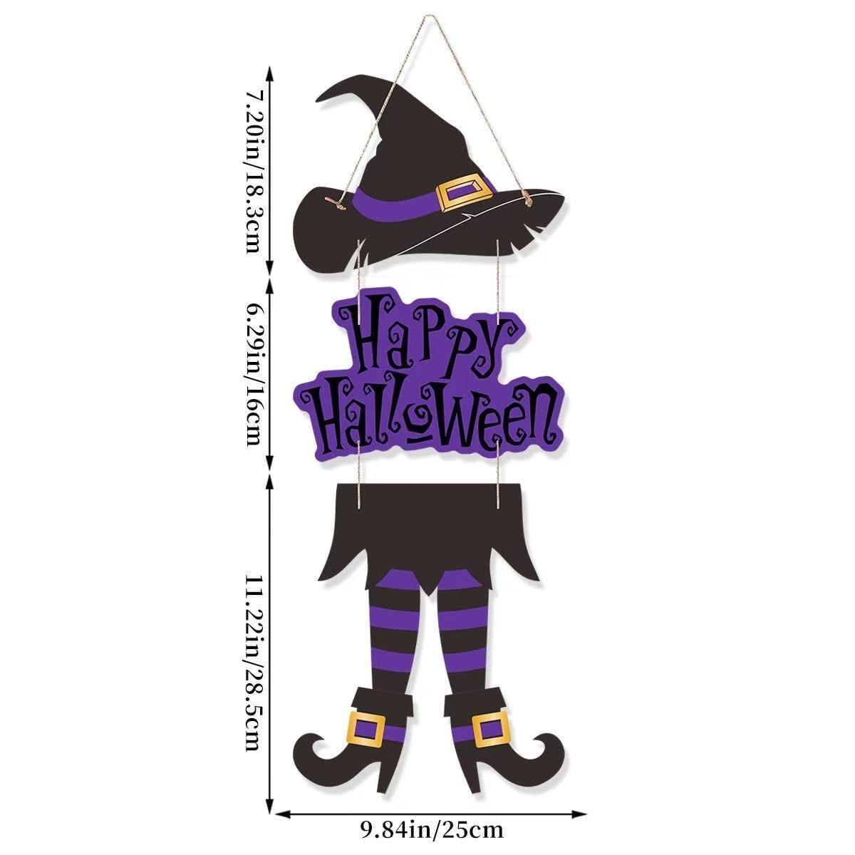 Wooden Halloween porch sign with witch hat and boots, reads "Happy Halloween