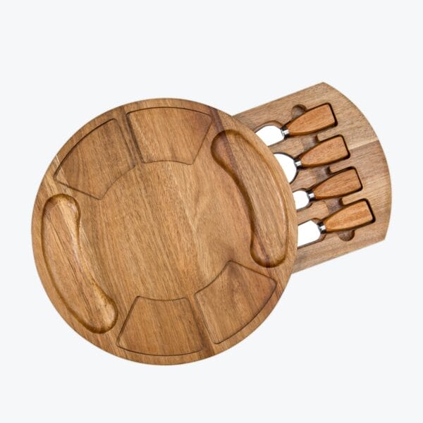 Round wooden cheese board with compartments and a built-in set of cheese knives. Perfect for serving cheese and appetizers.
