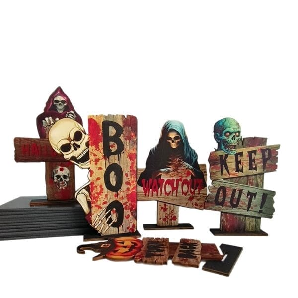 Wholesale Halloween Wood Signs: Rustic spooky outdoor decorations. Assorted styles feature skulls, grim reapers, and phrases like "Boo!" and "Keep Out!