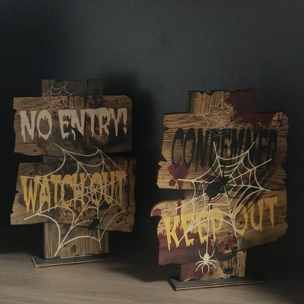 Wholesale Halloween Wood Signs: Rustic spooky "No Entry," "Condemned," "Watch Out," and "Keep Out" signs with spiderwebs and blood splatter for outdoor Halloween decorations.