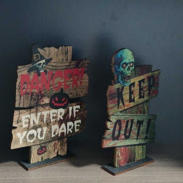 Wholesale Halloween Wood Signs: Rustic spooky outdoor decorations. Two signs feature skulls, pumpkins, and warnings: "Danger! Enter if you dare" and "Keep Out!