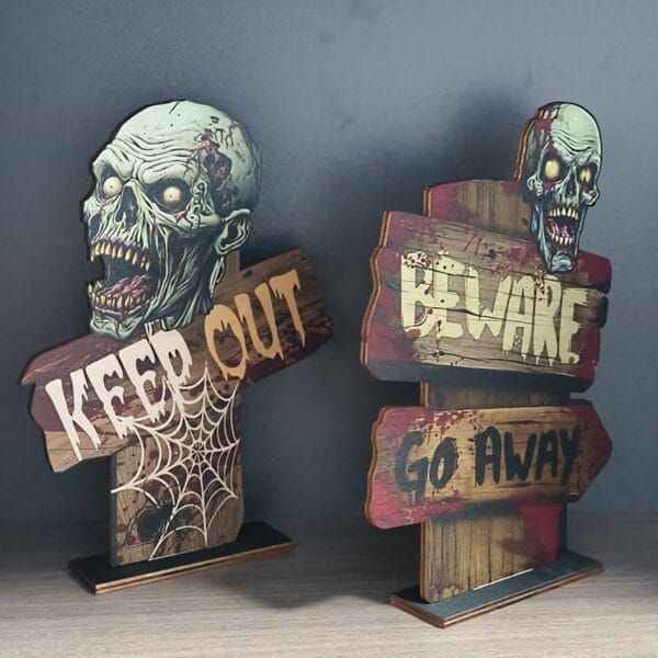 Wholesale Halloween wood signs: Rustic spooky outdoor decorations featuring zombie head and beware/go away messages.