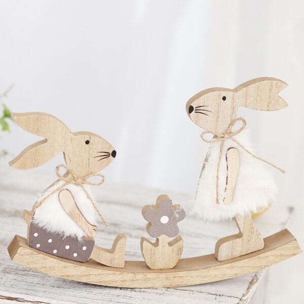 Easter Bunny Decoration: Wooden Easter bunny figurines on a rocking base, perfect for Easter decor and spring decorations, a lovely Easter gift.