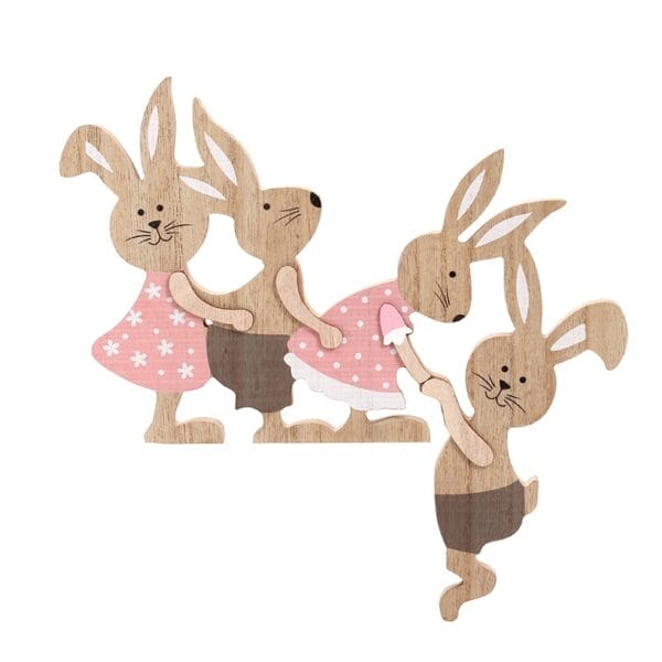 Easter Bunny Family Decoration: Wooden bunnies in pink dresses, perfect for Easter decor and Easter gifts