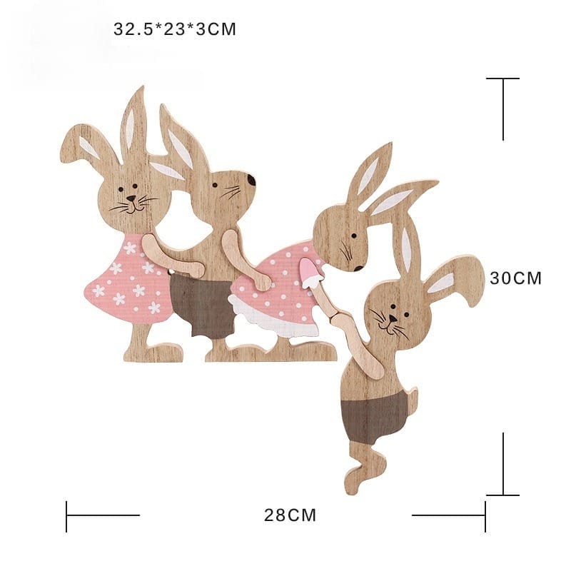 Easter Bunny Decoration: Wooden Easter decor featuring three bunnies in dresses and pants. Perfect for Easter gifts and spring decoration.