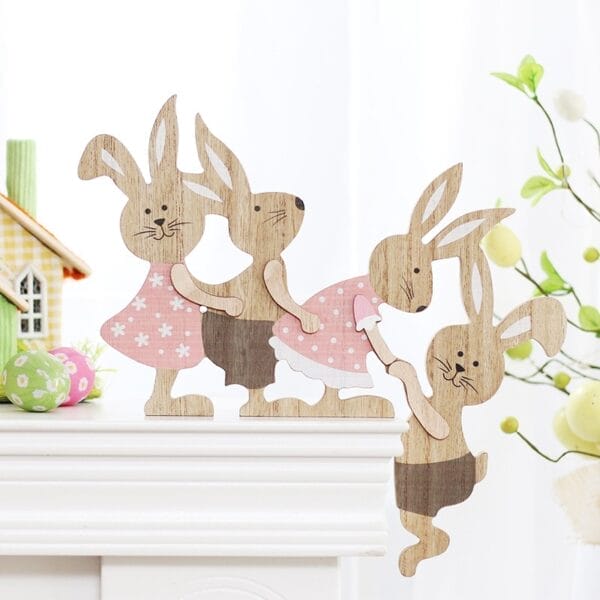 Easter Bunny Decorations: Wooden bunnies in pink dresses and brown shorts for Easter decor and spring decorations. Great Easter gifts.