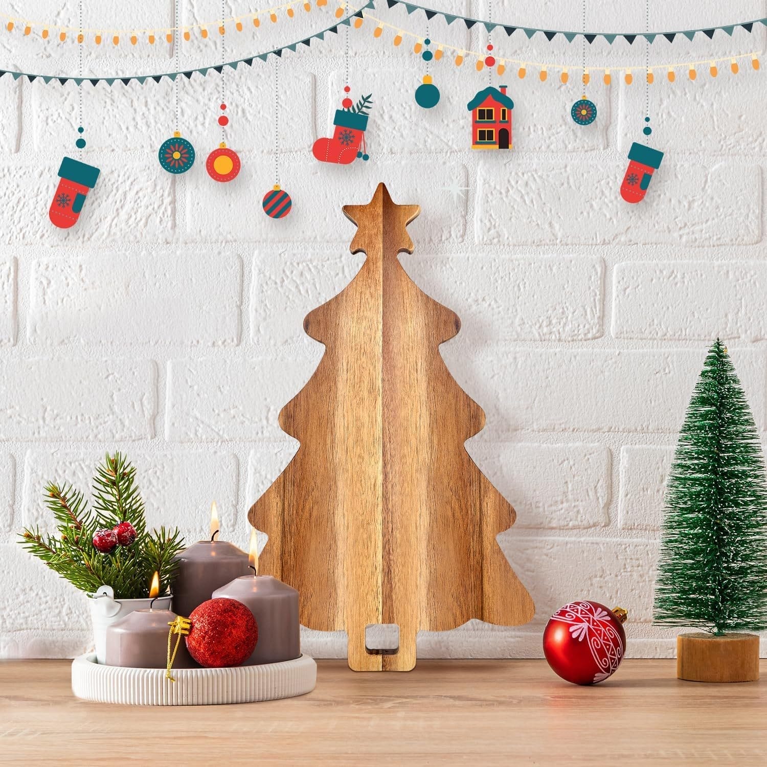 Wooden Christmas tree cutting board, perfect for holiday entertaining. Features candles, ornaments, and festive decor.