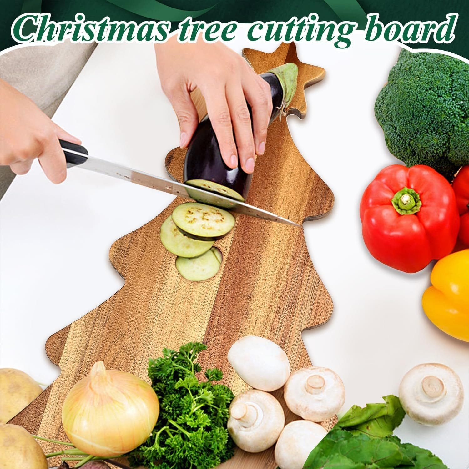 Christmas tree cutting board: Wooden cutting board shaped like a Christmas tree, perfect for holiday cooking and kitchen decor.
