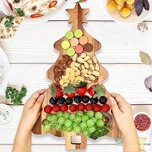 Wooden Christmas Tree Platter: Festive serving board shaped like a Christmas tree, perfect for holiday snacks, fruit, and cheeses.