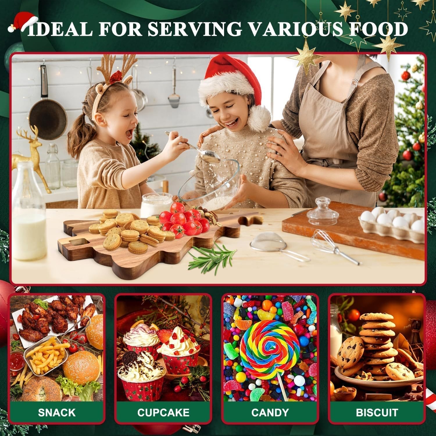 Wooden Christmas tree-shaped serving board; perfect for holiday entertaining. Features cookies, cheese, and other snacks.