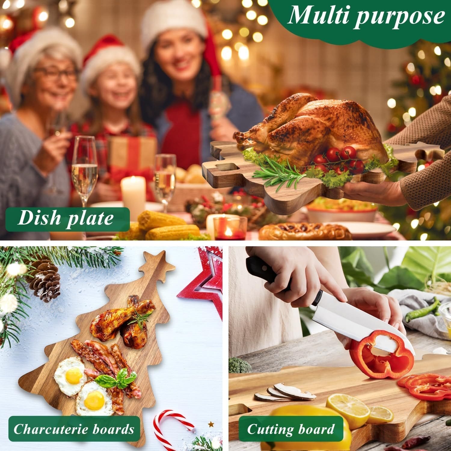Multi-purpose Christmas tree cutting board: Wooden serving platter, perfect for charcuterie, holiday meals, and chopping vegetables.
