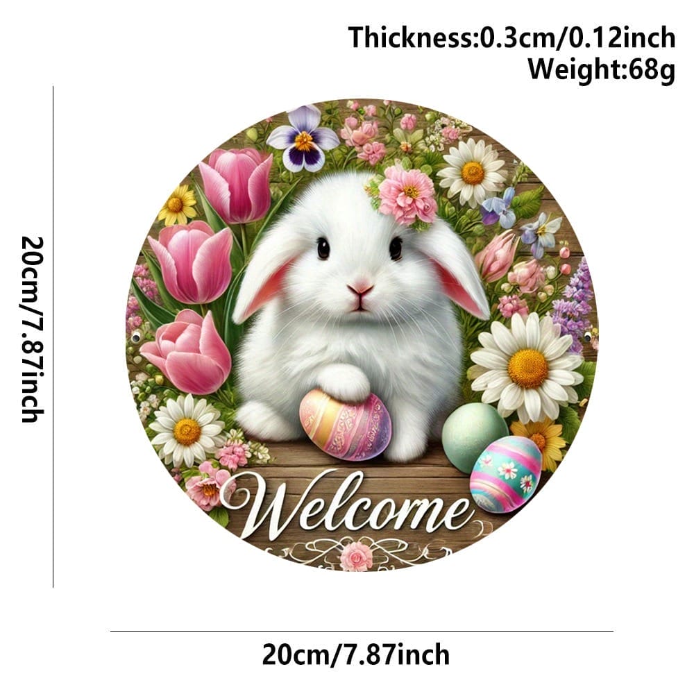 Easter Welcome Sign: Round bunny welcome sign with flowers and Easter eggs, perfect for spring and Easter decorations.