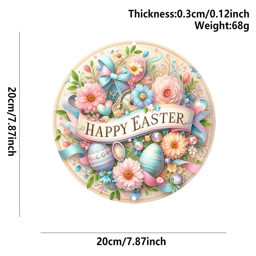 Easter Decoration: Round Easter decor featuring a floral design, "Happy Easter" banner, perfect for spring decorations and Easter gifts.