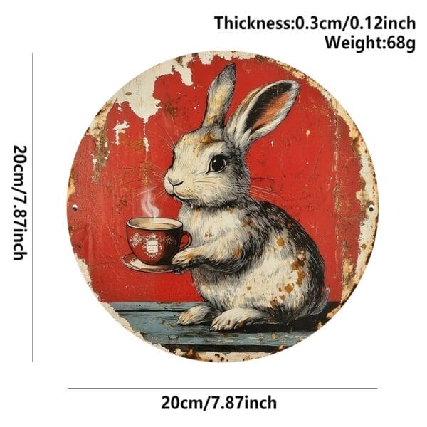 Rabbit Coffee Sign: Vintage metal sign with a charming rabbit holding a coffee cup, perfect for Easter decor or farmhouse style
