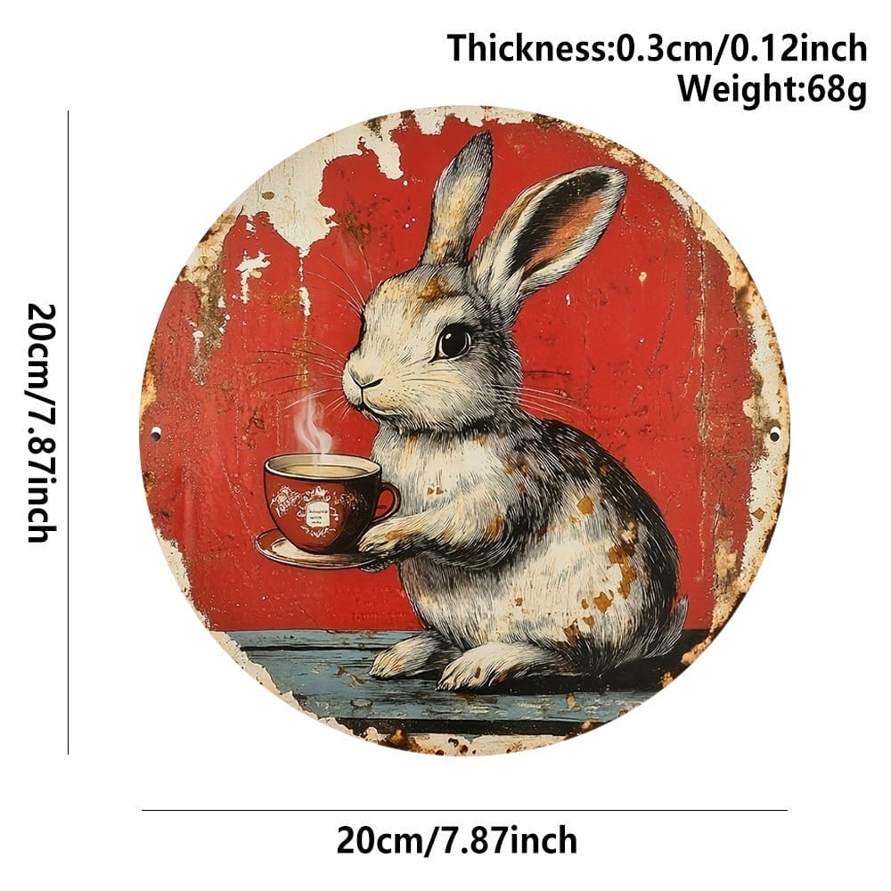 Rabbit Coffee Sign: Vintage metal sign with a charming rabbit holding a coffee cup, perfect for Easter decor or farmhouse style