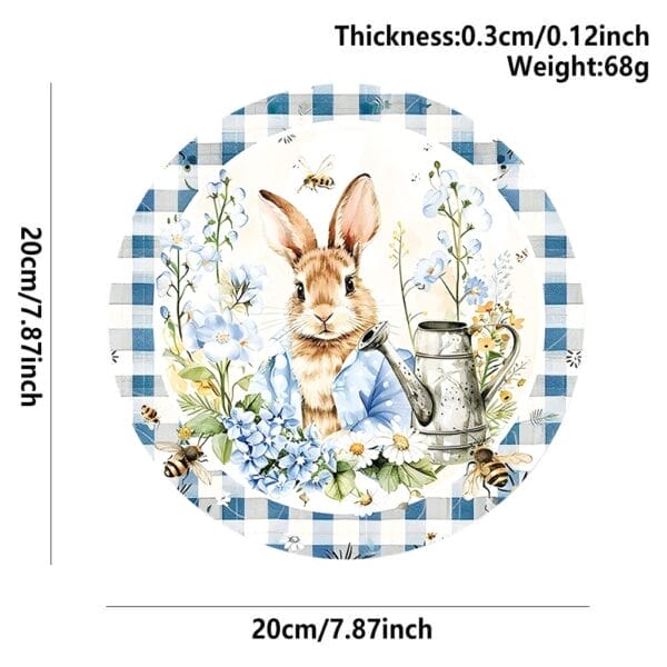 Easter Placemat: Round floral placemat with a bunny, watering can, and spring decorations. Perfect Easter decor.