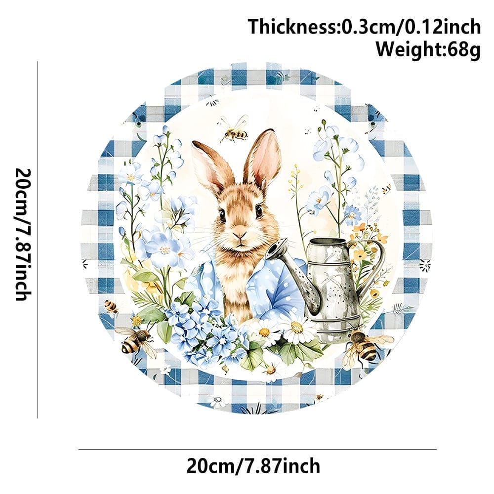 Easter Placemat: Round floral placemat with a bunny, watering can, and spring decorations. Perfect Easter decor.