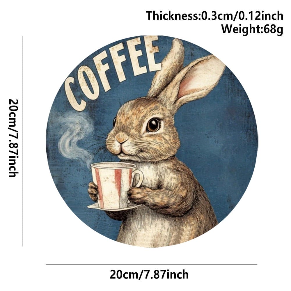 Rabbit Coffee Coaster: Round animal coaster with a rabbit holding a coffee cup, perfect for kitchen decor. Features the word "COFFEE".