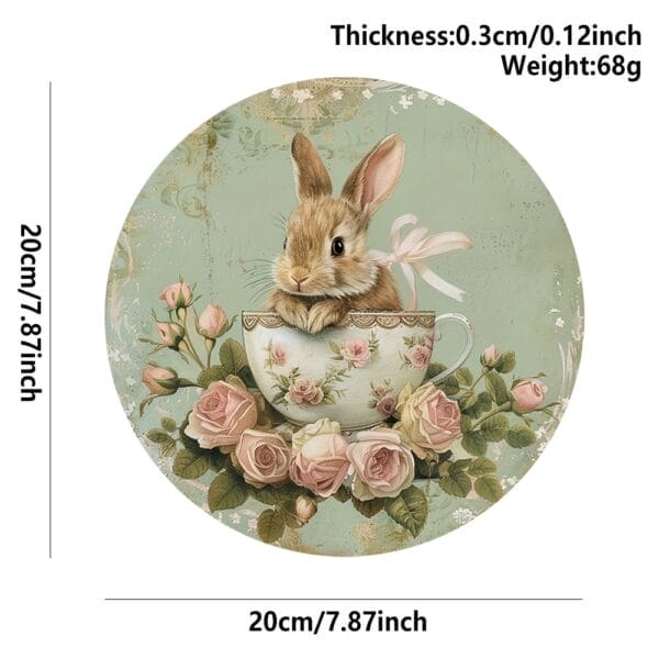 Bunny Teacup Coaster: Round coaster with a cute bunny in a teacup, surrounded by roses, perfect for Easter gifts and bunny decor