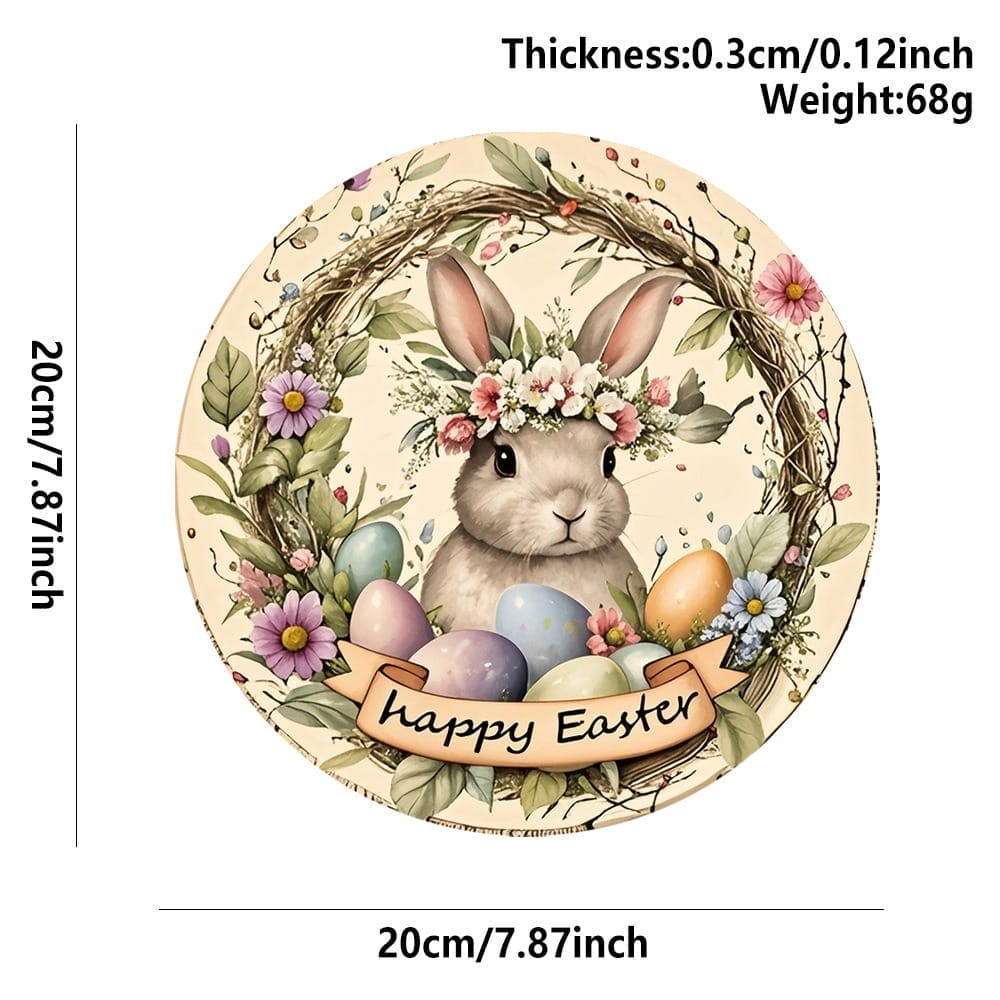 Easter Bunny Coaster: Round coaster featuring a bunny with a floral wreath, Easter eggs, and "Happy Easter" banner. Perfect for Easter decor and spring gifts.