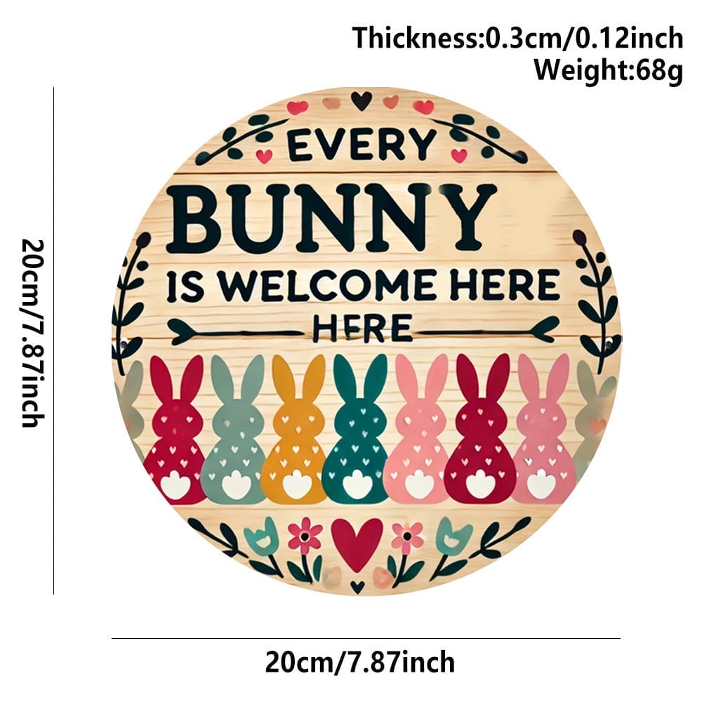 wooden easter signs: Round sign with "Every Bunny is Welcome Here" text, colorful bunny silhouettes, and spring decorations. Perfect for Easter decor and gifts.