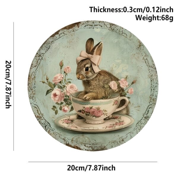 Bunny Coaster: Round vintage-style coaster featuring a bunny in a teacup surrounded by roses, perfect for home decor
