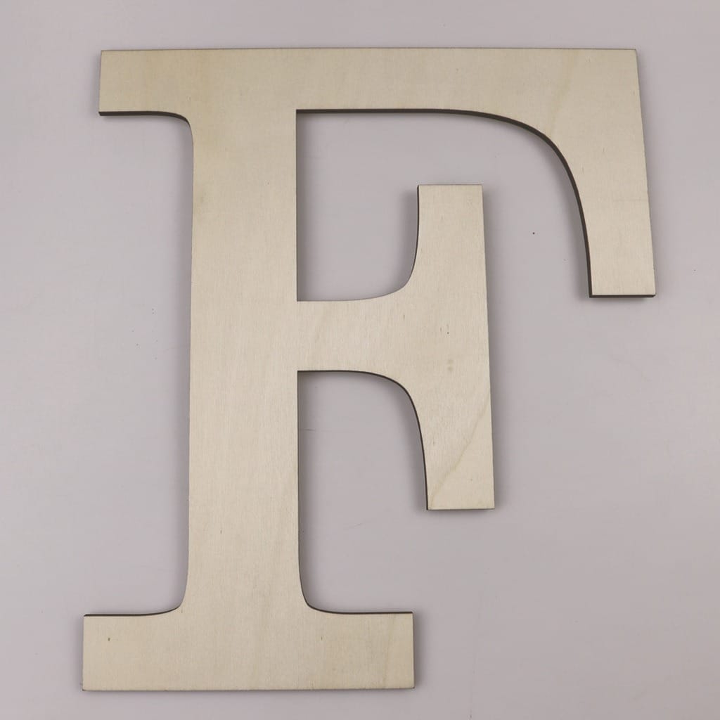 Wooden letter F for DIY decor and craft projects. Available in various sizes.
