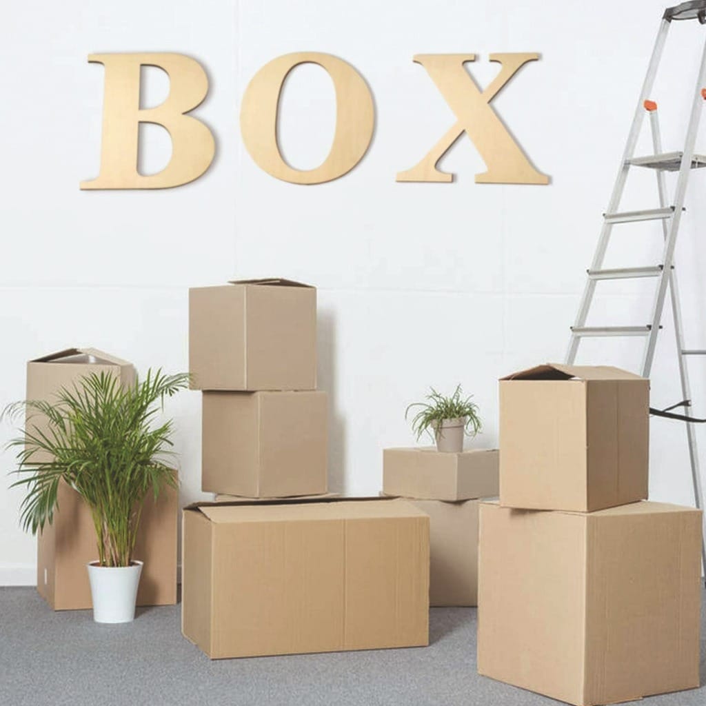 Stacked cardboard boxes in an indoor setting with plants and a ladder in the background