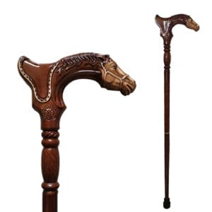Wooden walking cane with horse head handle. A stylish and functional mobility aid.