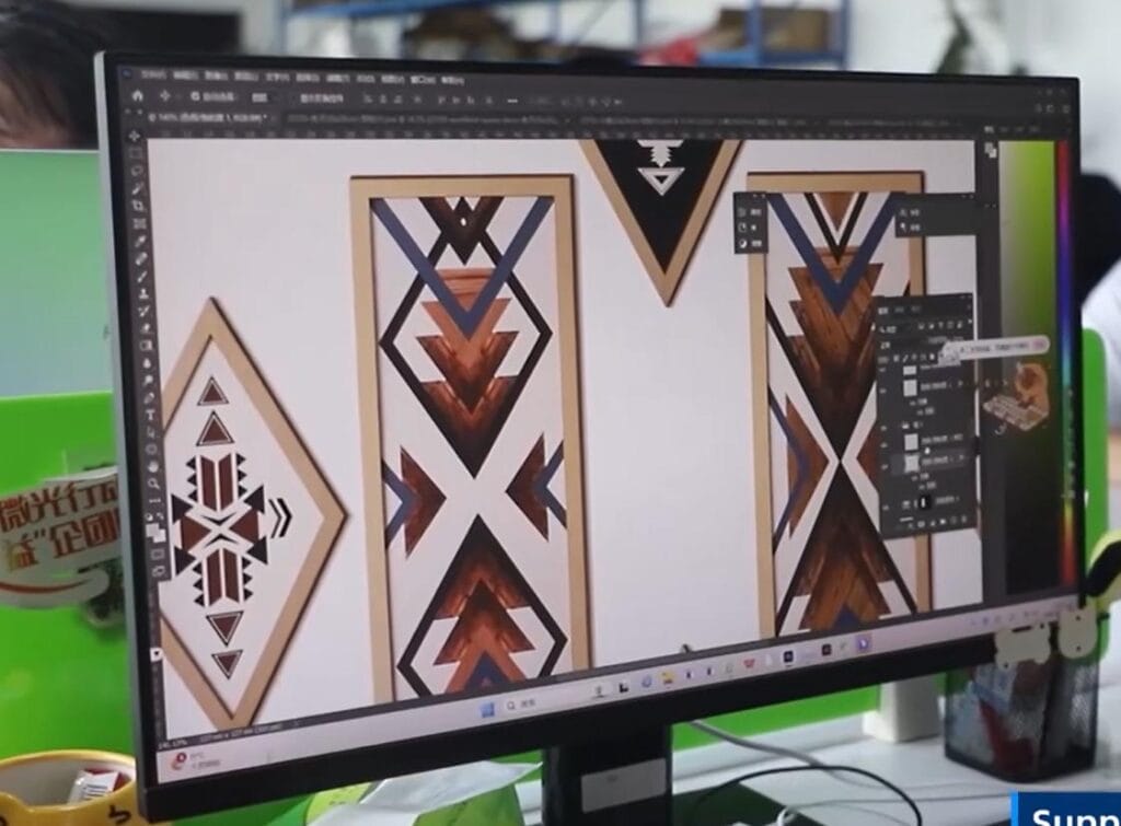 Computer screen showing geometric wood art designs.