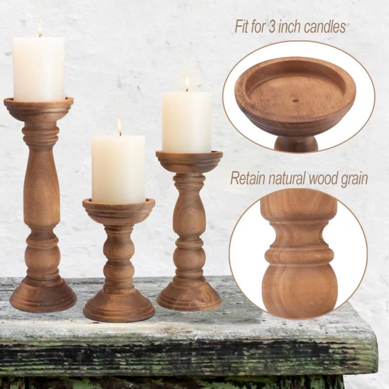 Wholesale Wooden Candle Stands: Vintage brown solid wood candle holders in multiple sizes with candles.