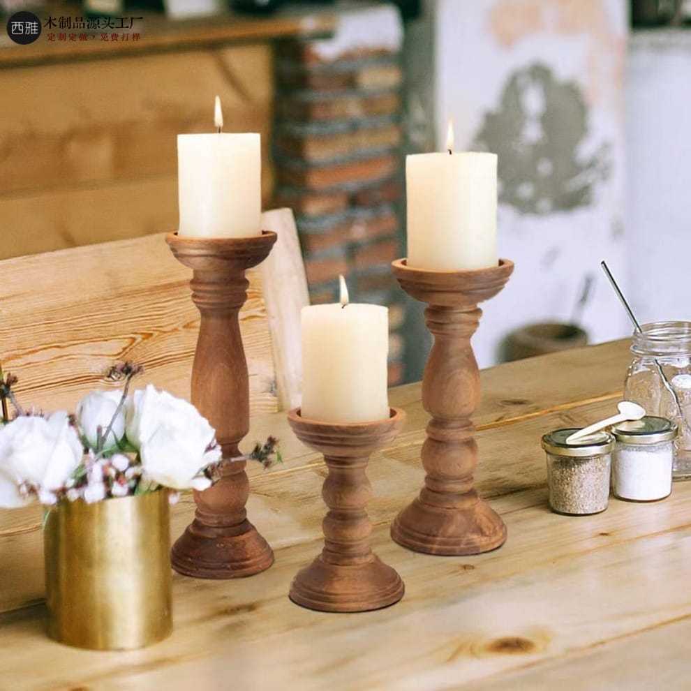Wholesale Wooden Candle Stands: Vintage brown solid wood candle holders, multiple sizes, semi-handmade decor