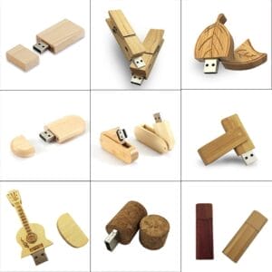 Variety of wooden USB flash drive designs, including leaf, guitar, and cork styles.