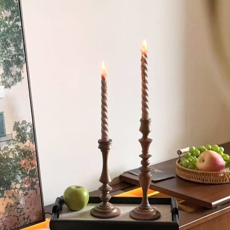 Rustic Oak Candlesticks (Pair) with lit twisted candles. Wooden candlesticks for restaurant or gift.