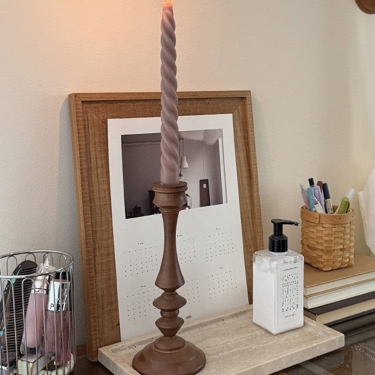 Rustic Oak Candlestick with lavender twisted candle. Wooden candlestick for restaurant, gift, or home decor.